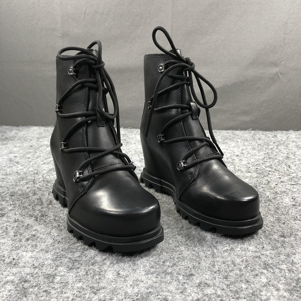 Sorel Joan of Arctic Boots Womens 6 Black Leather Wedge Lace Up Ankle NL4359-010